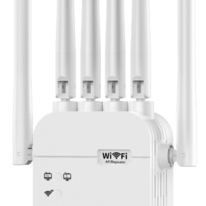 Q5ProMax 1200M dual band 6-antenna smart WiFi repeater, 2.4GHz and 5GHz, 1WAN+1LAN, US/EU/UK/AU plugs, white and black colors, 50pcs per carton, full container wholesale for overseas warehouses, ODM deep customization available, ideal for large importers, brand owners, and retail chain bulk procurement.