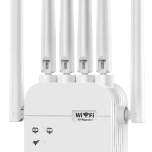 Q6ProMax 1200M dual band 6-antenna smart WiFi repeater, 2.4GHz and 5GHz, 1WAN+1LAN, US/EU/UK/AU plugs, white and black colors, 50pcs per carton, wholesale exclusive, OEM supported, ideal for premium wholesalers and private label cooperation.