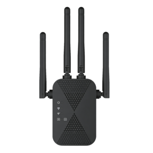 Q7 300M 4-antenna smart WiFi repeater, 2.4GHz band, MTK chipset, 1WAN+1LAN, US/EU/UK/AU plugs, white and black colors, 60pcs per carton, contractor wholesale, ideal for small to medium contractors and low-voltage system integrators bulk orders.
