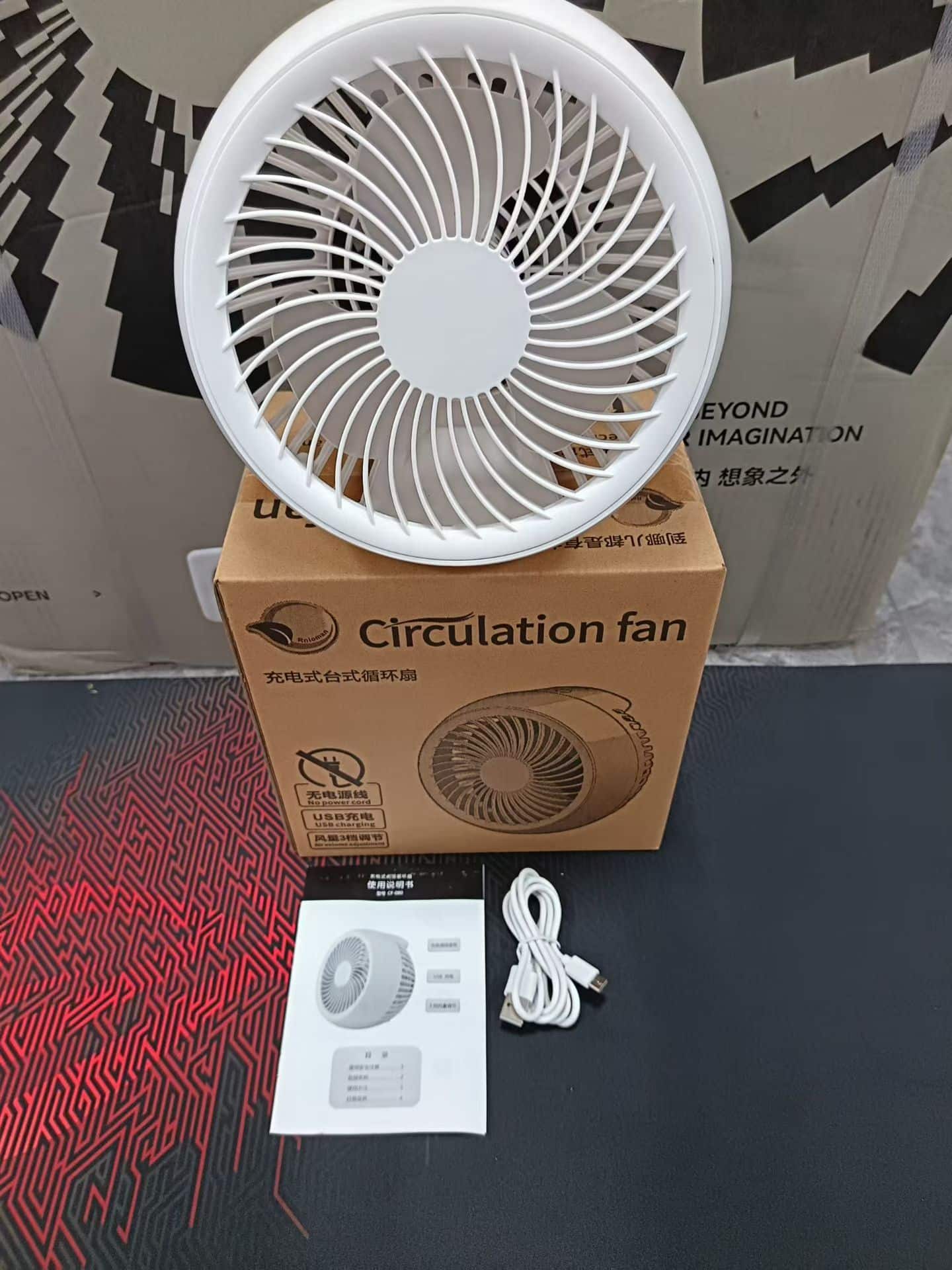 USB desktop circulating fan with 3600mAh battery and 3 speed wind adjustment – portable rechargeable table fan